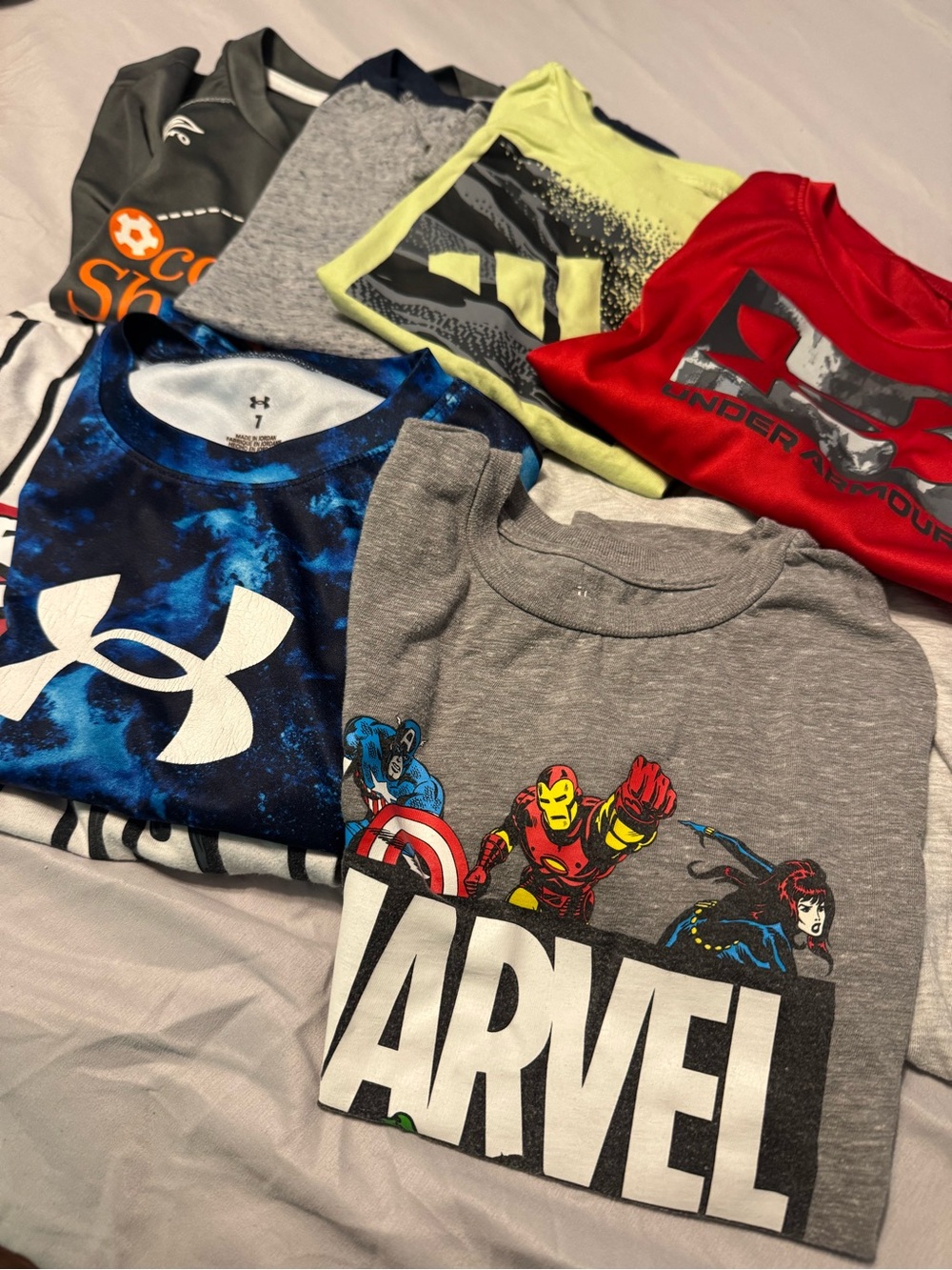 BUNDLE! Lot of 12 Boys shirts & shorts Size 7 - UnderArmour Adidas Marvel& more!